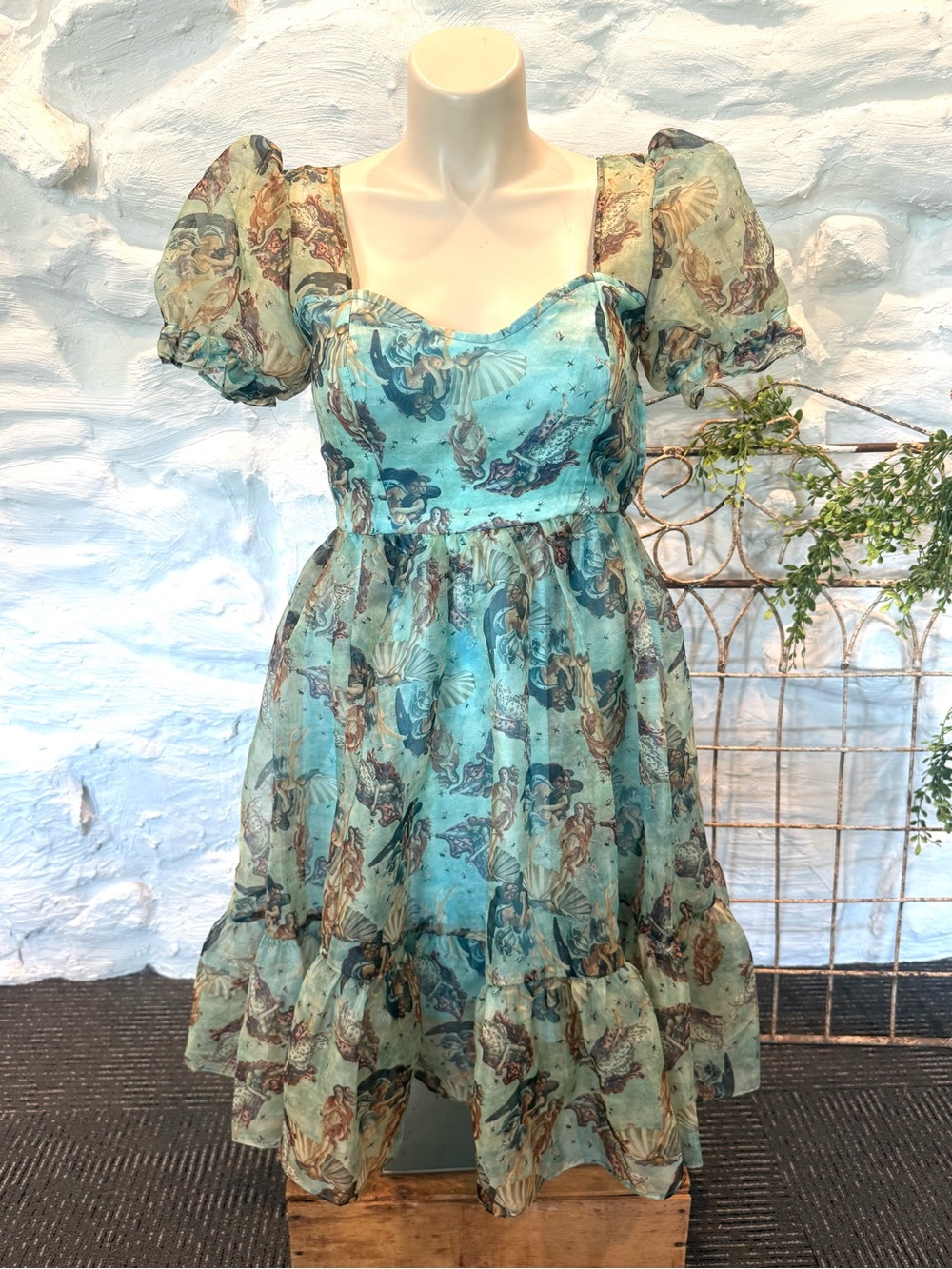 Thorn & Fable Dress Birth of Venus Blue Green Voile Medium Puffed Sleeve